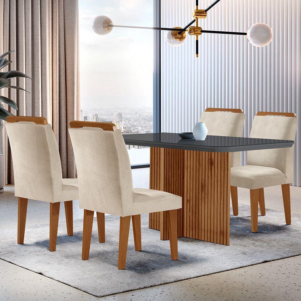 Sala De Jantar Mesa Olímpia 120cm Mdf Vidro Canto Copo Com 4 Cadeiras Creme, Grafite E Imbuia - 1