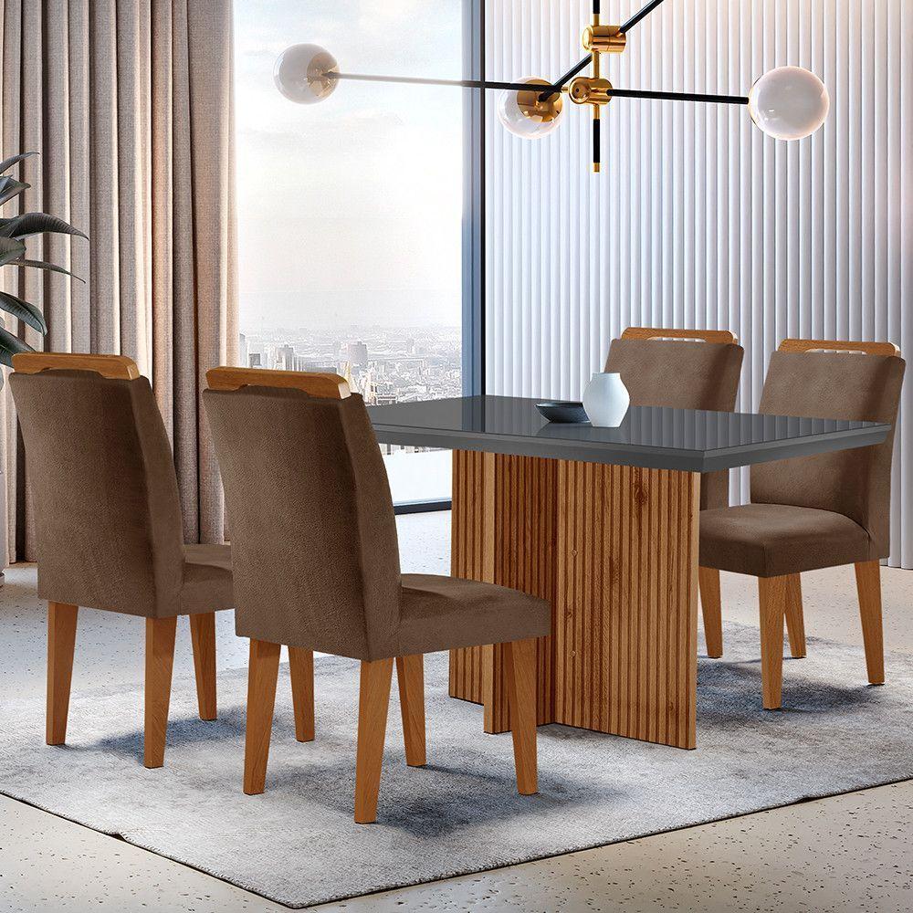 Sala De Jantar Mesa Olímpia 120cm Mdf Vidro Canto Reto Com 4 Cadeiras Marrom, Grafite E Imbuia - 1