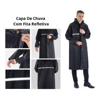 Capa De Chuva Longa Impermeável Com Capuz Com Visor Adulto Faixa Refletiva Masculino Feminina Preto - 5