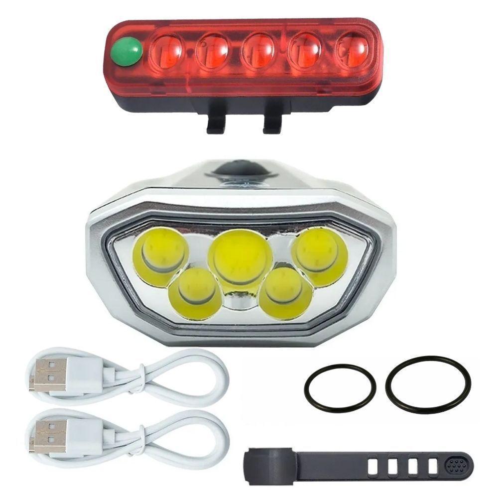 Kit Lanterna Sinalizador Dianteiro E Traseiro Iluminação Noturna Recarregável Usb Para Bicicleta Bike Preto - 1