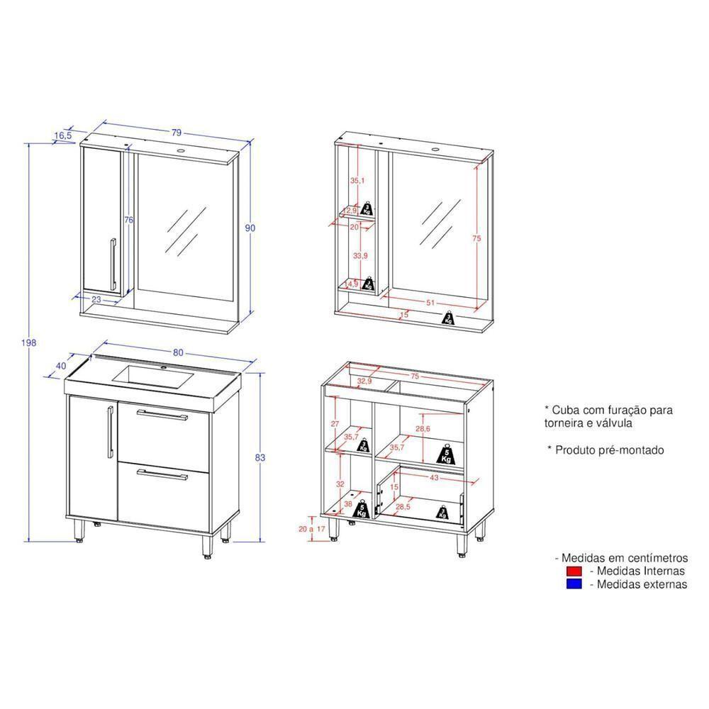 Gabinete Banheiro com Cuba e Espelheira 80cm Multimóveis CR10065 Mel/Branco - 6
