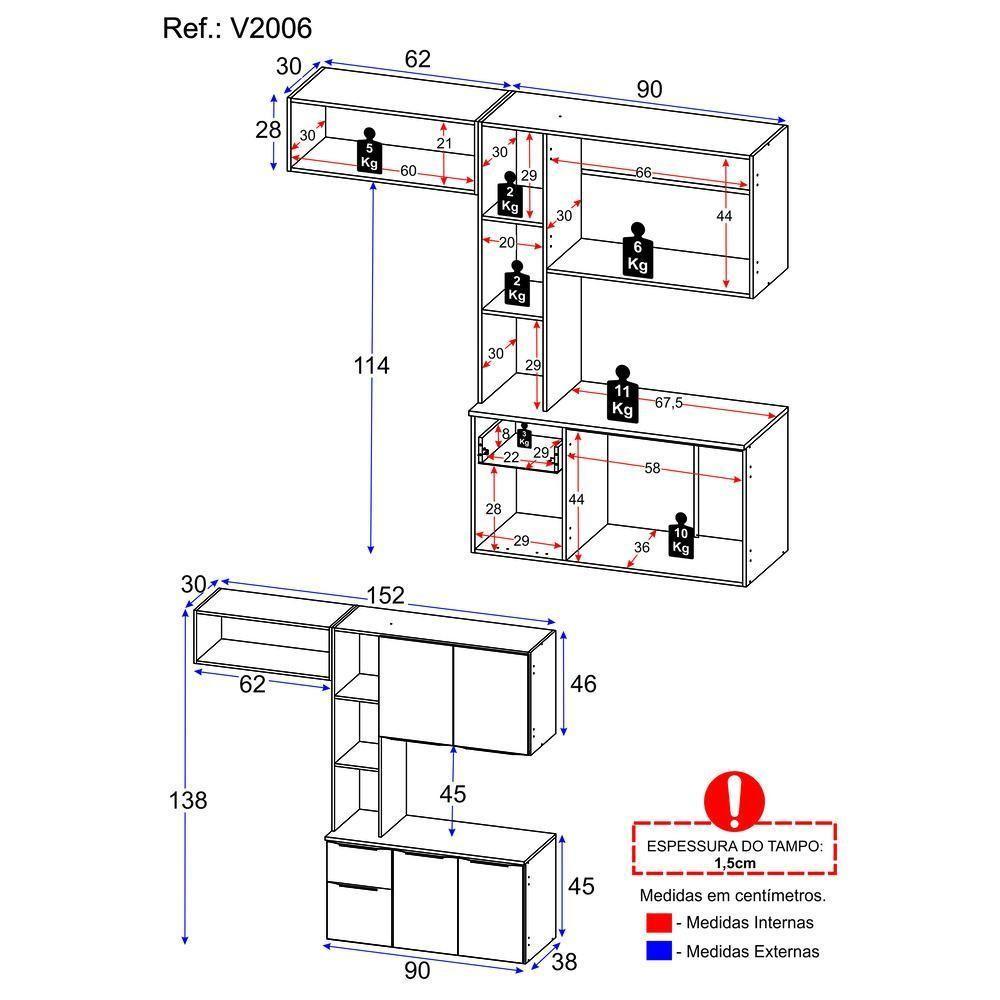 Armário De Cozinha Compacta Com Balcão Sofia Multimóveis V2006 Branco/Preto Branco/Preto - 4