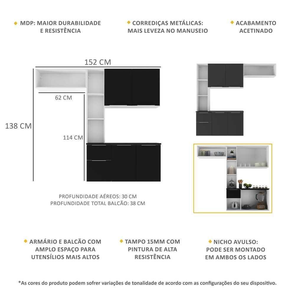 Armário De Cozinha Compacta Com Balcão Sofia Multimóveis V2006 Branco/Preto Branco/Preto - 5