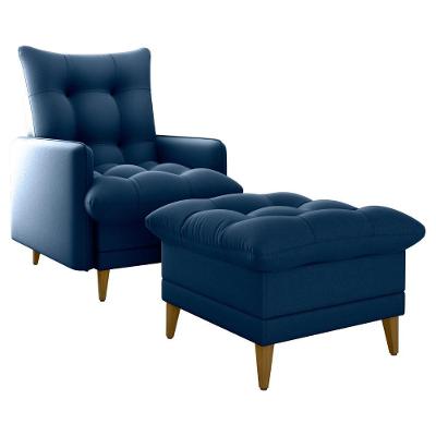 Poltrona De Amamentação Com Puff Montreal Reclinável Veludo Azul Milani Movelaria