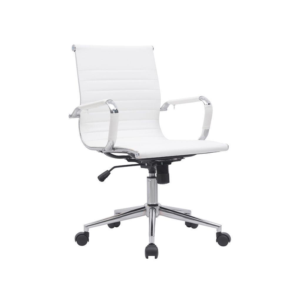 Cadeira De Escritório Elegante Em Couro Branco Com Braços Cromados Para Ambientes Modernos - 2