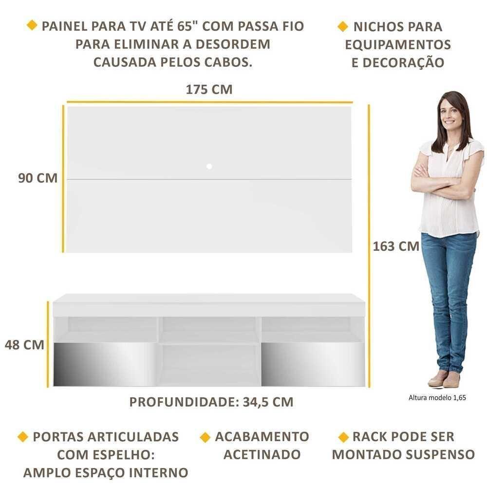 Rack Com Painel Tv 65" Suspenso Com Espelho Flórida Multimóveis V3322 Branco Branco - 6