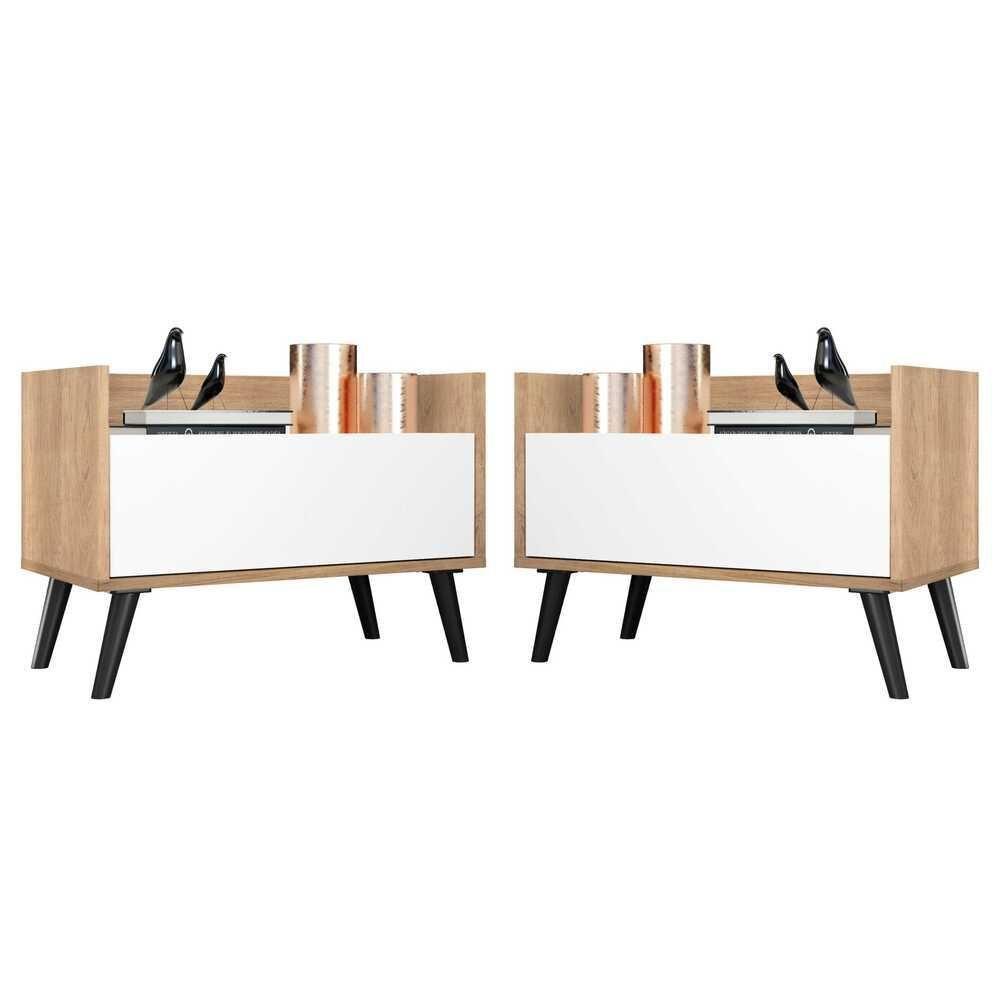 Kit Com 2 Mesas De Cabeceira 80Cm Retrô Multimóveis V4002 Rustic/Branca/Preta Rustic/Branco/Preto - 1