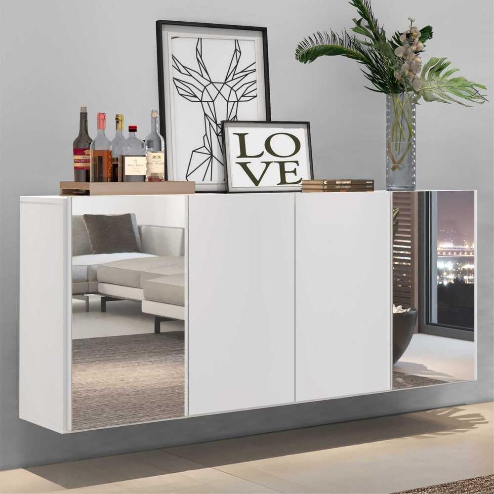 Aparador Buffet 4 Portas Com Espelho Suspenso Vegas Multimóveis V3595 Branco Branco - 7