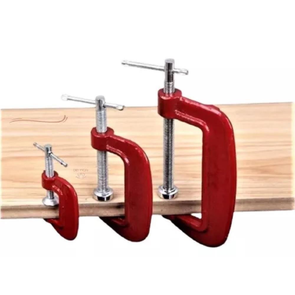 Kit Grampos Marceneiro Tipo C Sargento 3 Peças Jogo Completo Profissional Bancada Mesa Presilha Ferro Fundido Carpintari - 2