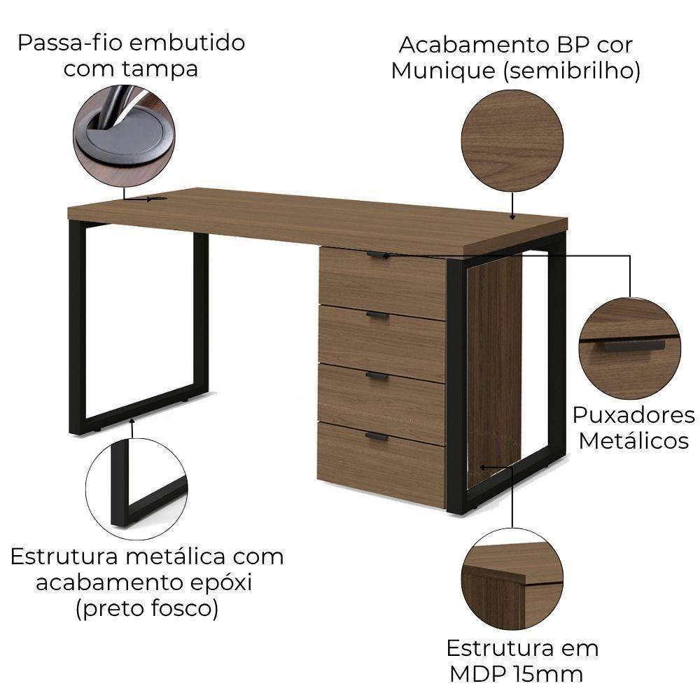 Mesa Escritorio 150 Cm E Gaveteiro 4 Gavetas Frame Kappesberg Munique - 3