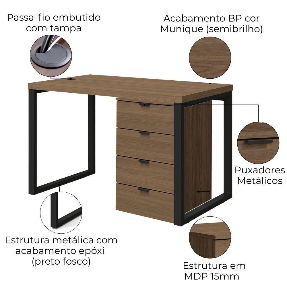 Mesa Escritorio 120 Cm E Gaveteiro 4 Gavetas Frame Kappesberg Munique - 3