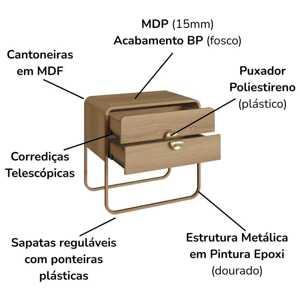 Kit 02 Mesas De Cabeceira 2 Gavetas Organica 60 Cm 28062 Artesano Hanover Dourado - 5