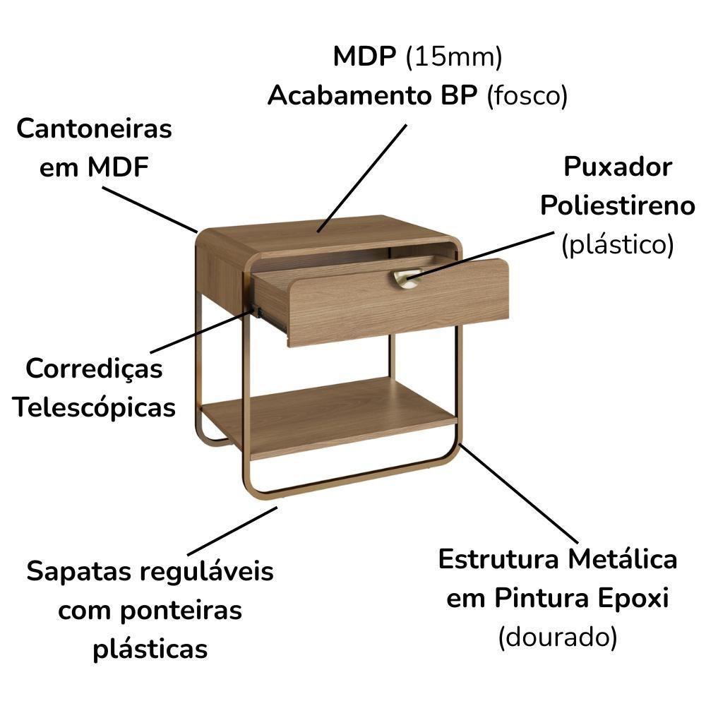 Kit 02 Mesas De Cabeceira 1 Gaveta Organica 60 Cm 28061 Artesano Hanover Dourado - 5