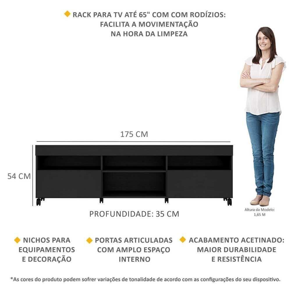 Rack Com Rodízios Para Tv Até 65´´ Com 2 Portas Preto - 3