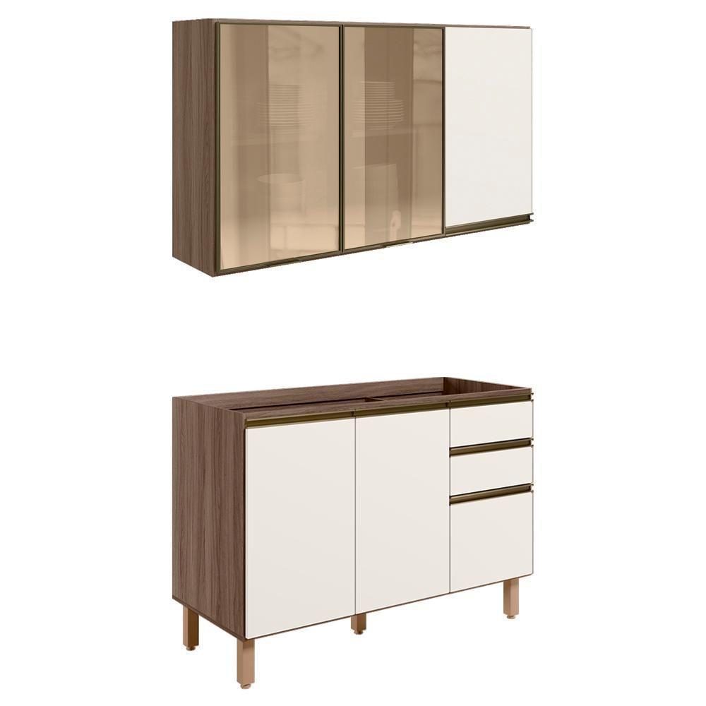 Armario Aereo 3 Portas E Balcao Pia Mdf Kali Nicioli Carvalho Toq Off White Cetim - 1