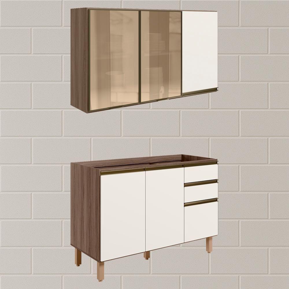 Armario Aereo 3 Portas E Balcao Pia Mdf Kali Nicioli Carvalho Toq Off White Cetim - 2