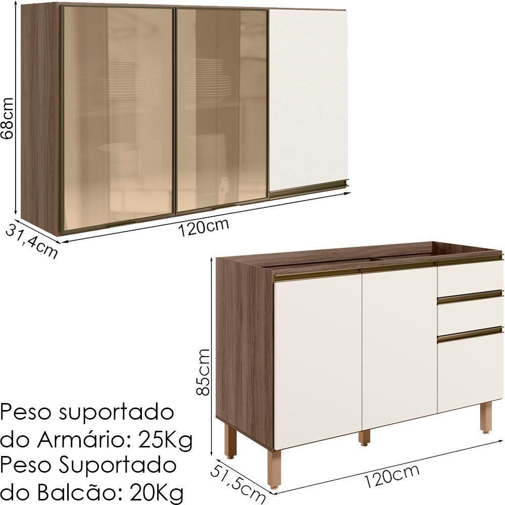 Armario Aereo 3 Portas E Balcao Pia Mdf Kali Nicioli Carvalho Toq Off White Cetim - 3