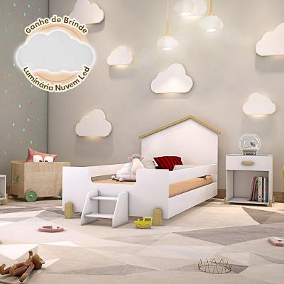Cama Infantil Montessoriana Com Escadinha Solteiro Ayla Branca E Natural + Luminária Led