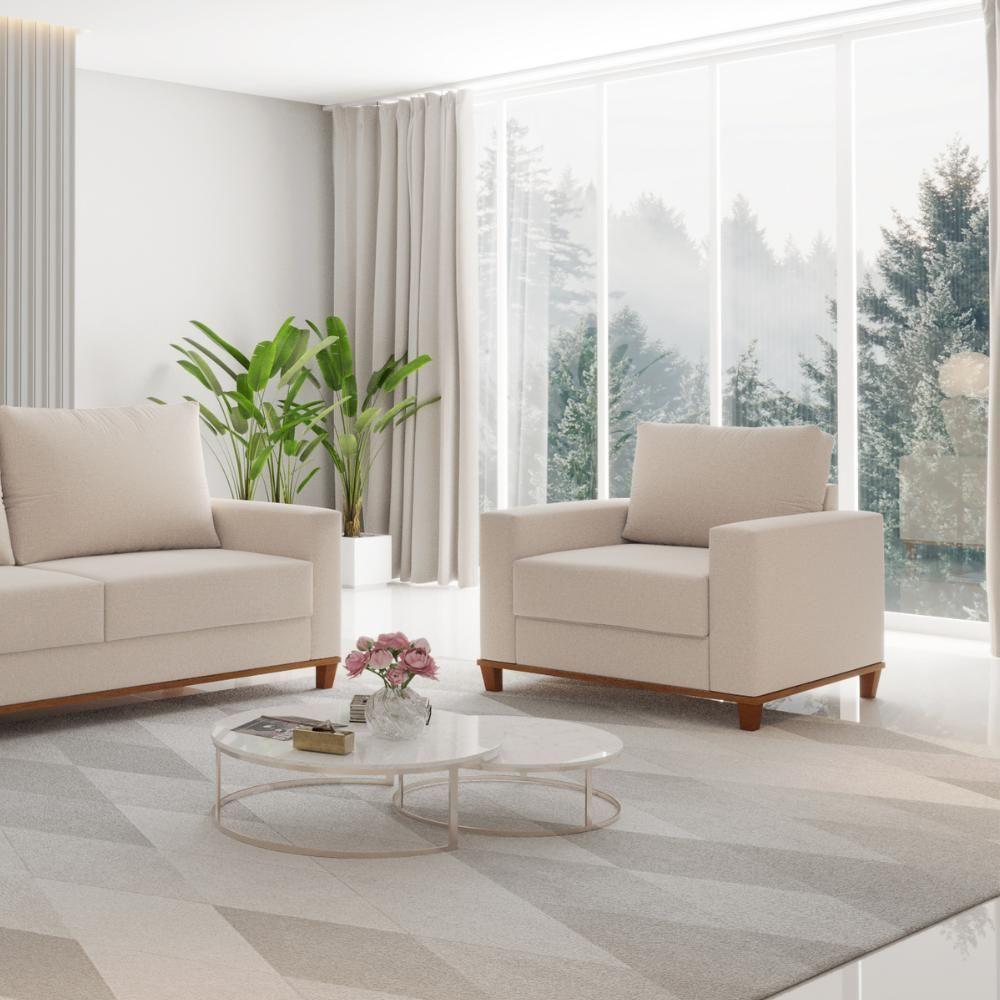 Poltrona Prada Base De Madeira Linho Bege - 3