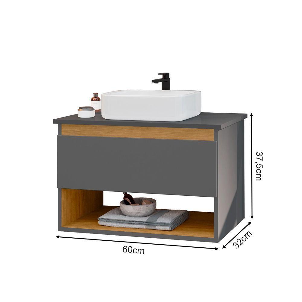 Gabinete Armário Para Banheiro Suspenso Florence Com Cuba Cinza - 3