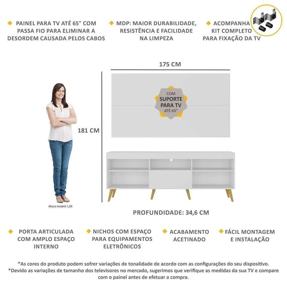 Rack Com Painel E Suporte Tv 65" Retrô Flórida Up Multimóveis Mp1043 Branco/natural - 5