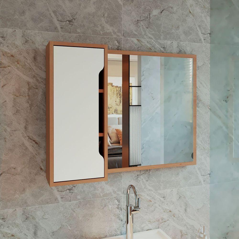 Espelheira Para Banheiro 80 Cm Com 1 Porta Amêndoa/branco - 7
