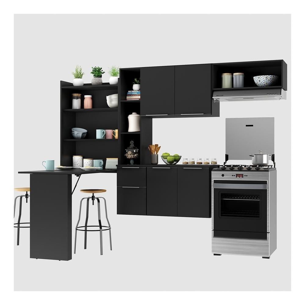 Armário De Cozinha Compacta Com Mesa Dobrável Sofia Multimóveis V2007 Preto Preto - 1
