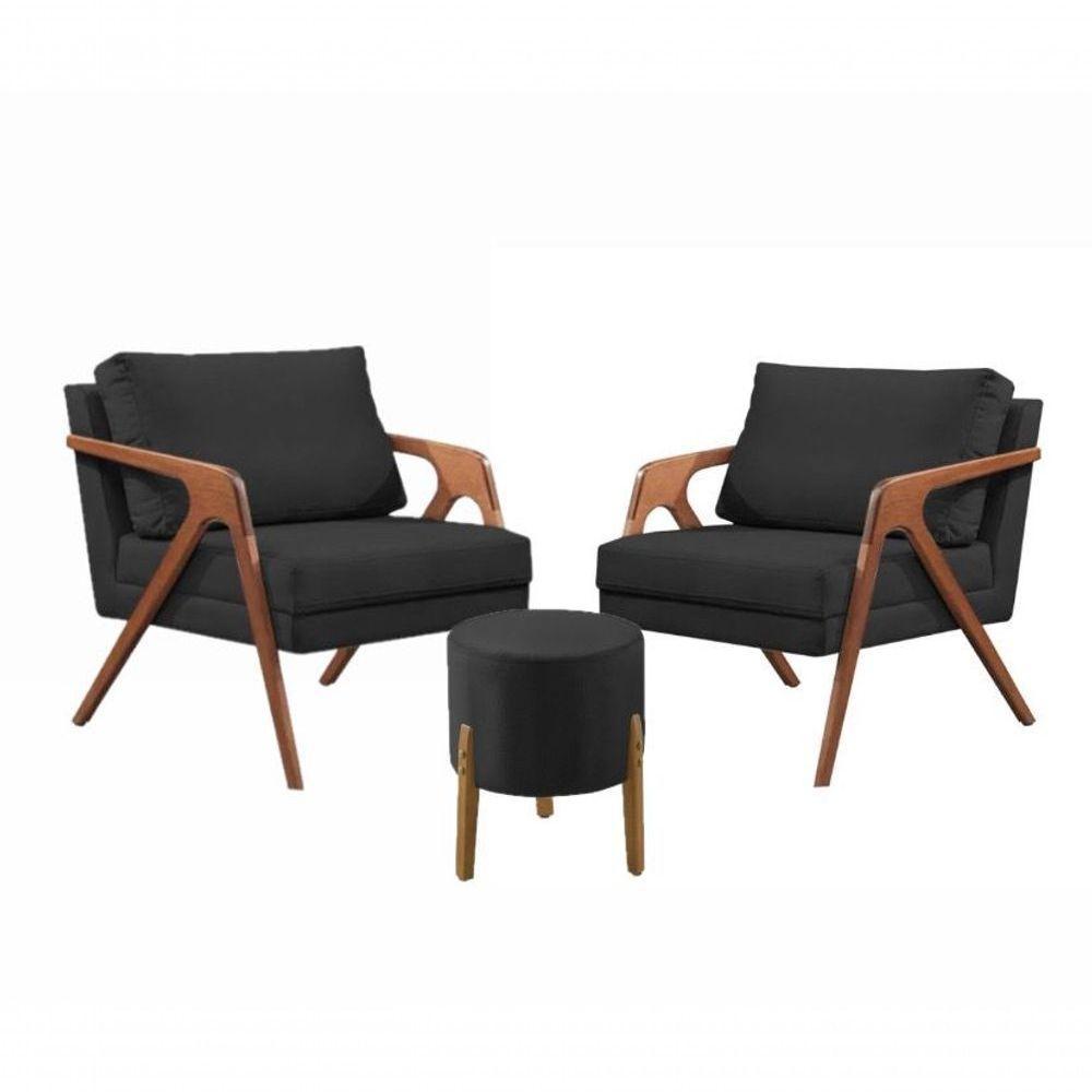 Conj. 2 Mona Com 1 Puff Madeira Maciça Veludo Moderna Cor:preto - 1