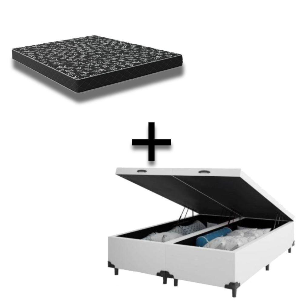 Cama Box Baú Queen 158 Tecido Sintético Branco Com Colchão Espuma D20 - Tampo Preto Bello Box 12cm - 1