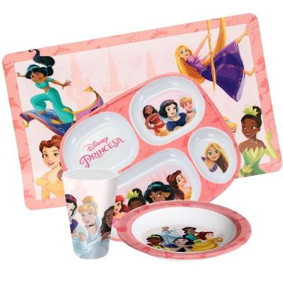 Jogo Refeição Infantil Princesas Disney 4 Peças Prato Divisória, Prato Fundo E Copo Melamina - Tuut