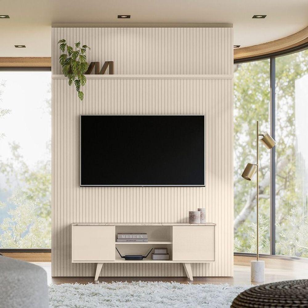 Composição New Panorama Bancada E Painel Para Tv De 65 Polegadas - Madetec Cor:calacata Off White - 2