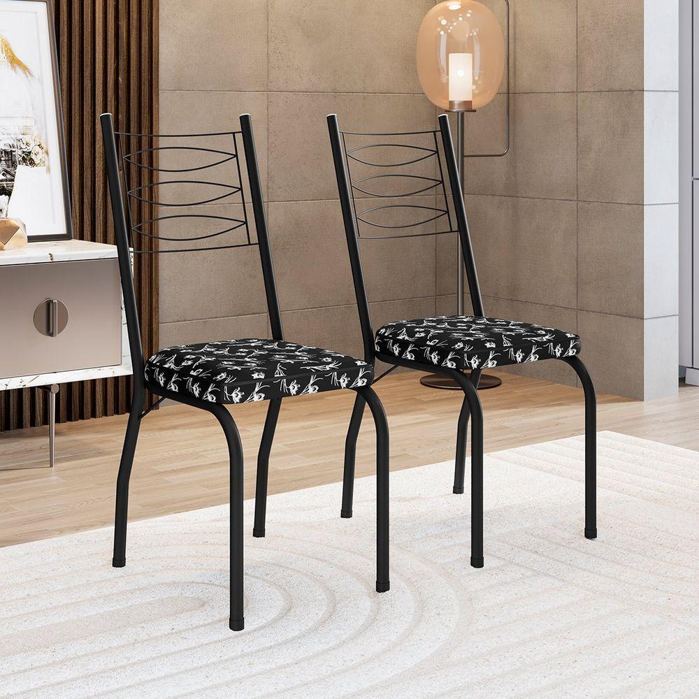 Kit 2 Cadeiras Aço Carbono Tubular Metálica Acabamento D-25 Luana Preto-preto Flor - 6