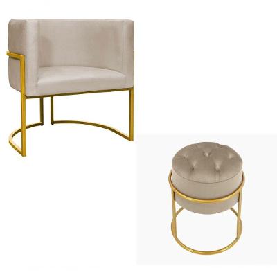 Kit Poltrona Decorativa Luxo Base De Metal Dourada E Puff Capitone Suede Bege Eli Móveis E Decoração