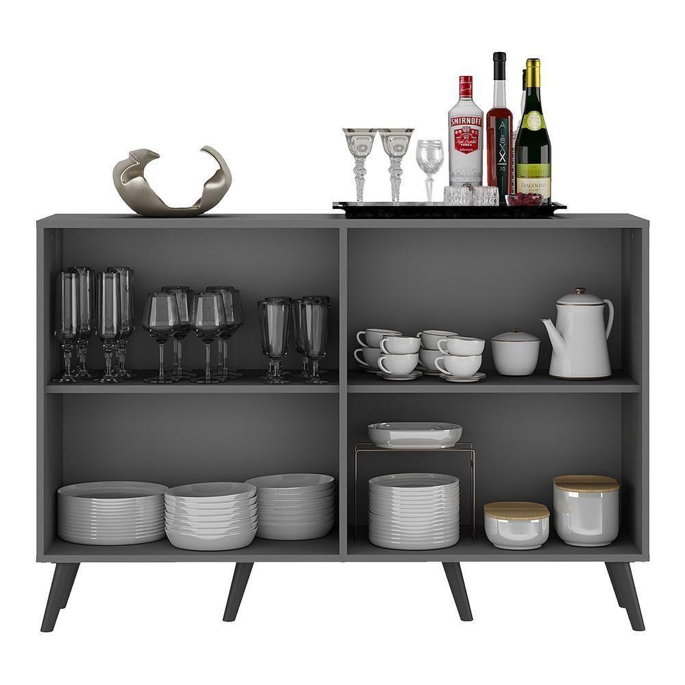 Aparador Buffet 4 Portas Com Espelho e Pés Grafite Preto - 4