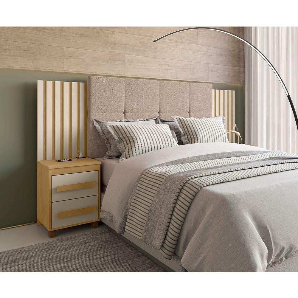 Cabeceira Casal Extensível Com 2 Mesas De Apoio Ripado Suiça Cinamomo/off-white - 1