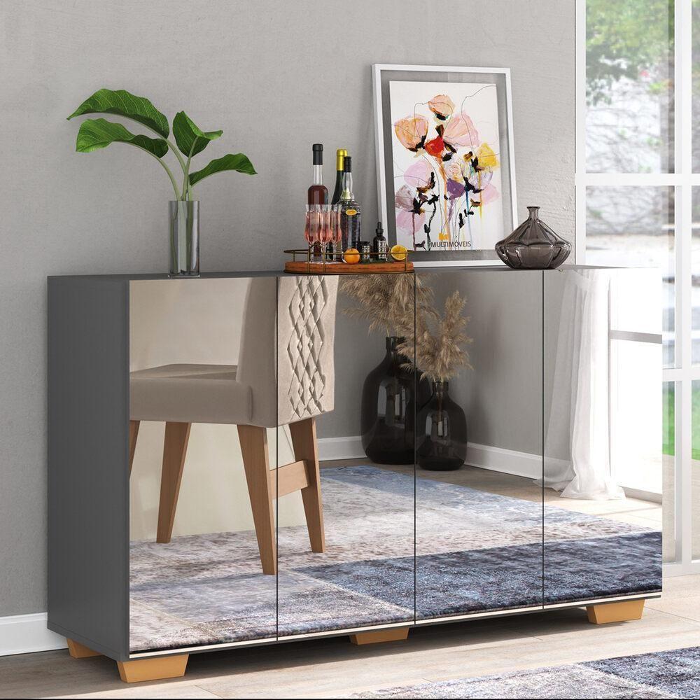 Aparador Buffet 4 Portas Com Espelho e Pés Vegas Natural - 1