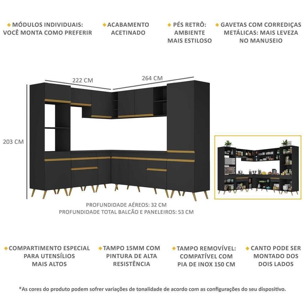 Cozinha Completa De Canto Veneza Gb Mp2046 Com Armário E Balcão Preta - 6