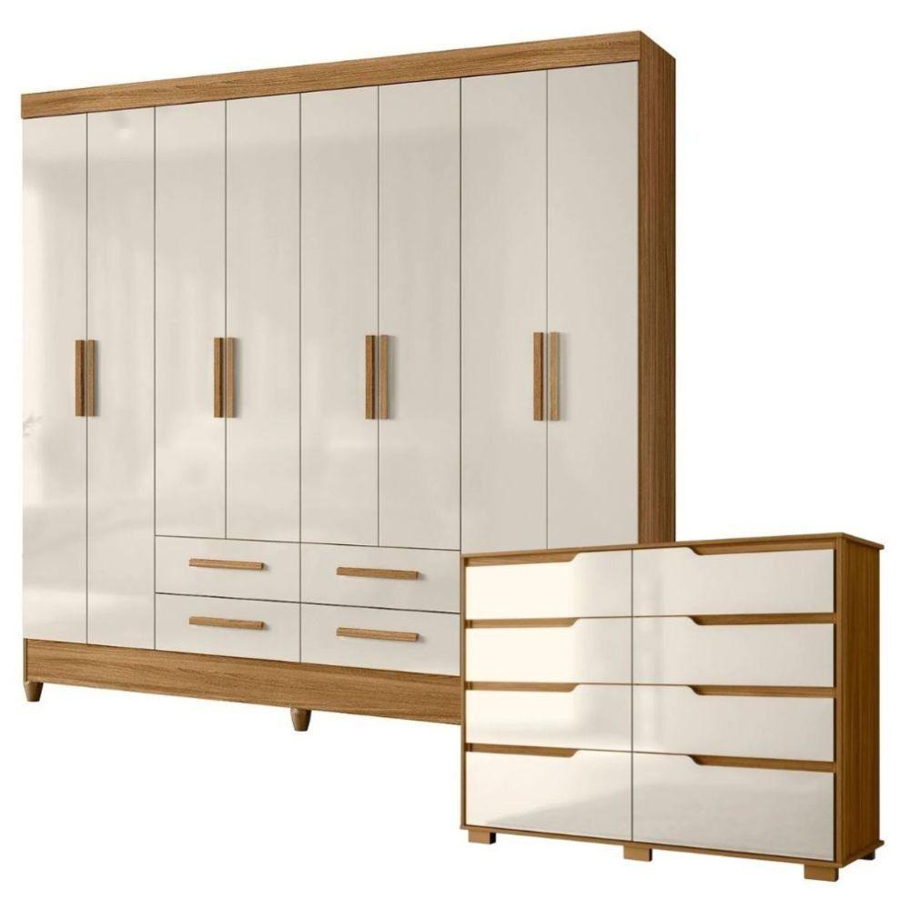 Conjunto Quarto Moval Guarda-roupa 8 Portas E Cômoda Freijo/Off White - 1