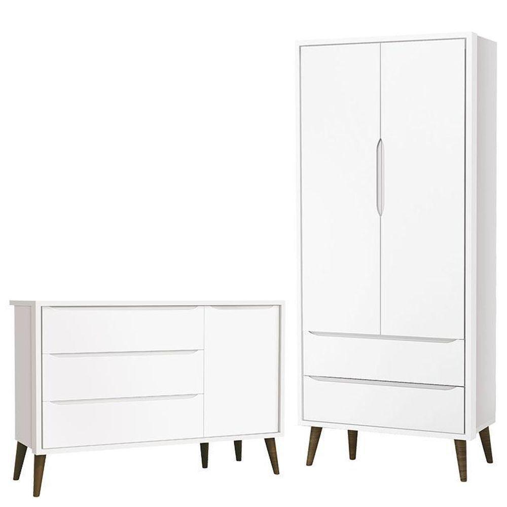 Cômoda Infantil Com Porta E Guarda Roupa 2 Portas Theo Branco Acetinado Com Pés Amadeirado – Reller - 1