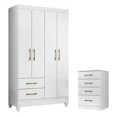 Guarda Roupa Solteiro Chile e Cômoda Ms913 4 Portas Giratórias 2 Gavetas MDP Branco Brilho