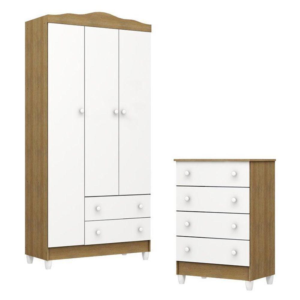 Cômoda Gaveteiro E Guarda Roupa Mel Flat Branco Acetinado Amadeirado - Carolina - 1