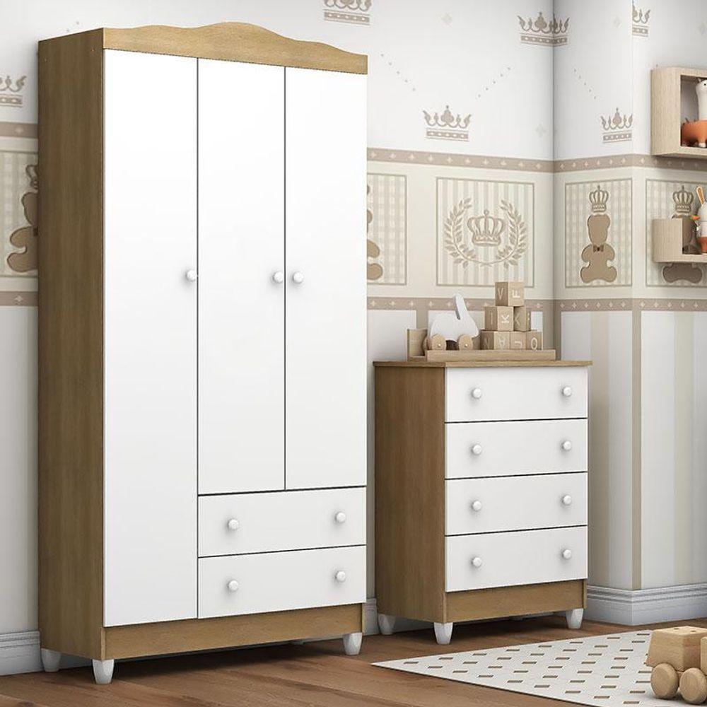 Cômoda Gaveteiro E Guarda Roupa Mel Flat Branco Acetinado Amadeirado - Carolina - 5