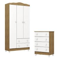 Cômoda Gaveteiro E Guarda Roupa Mel Flat Branco Acetinado Amadeirado - Carolina - 1