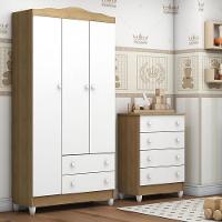 Cômoda Gaveteiro E Guarda Roupa Mel Flat Branco Acetinado Amadeirado - Carolina - 5