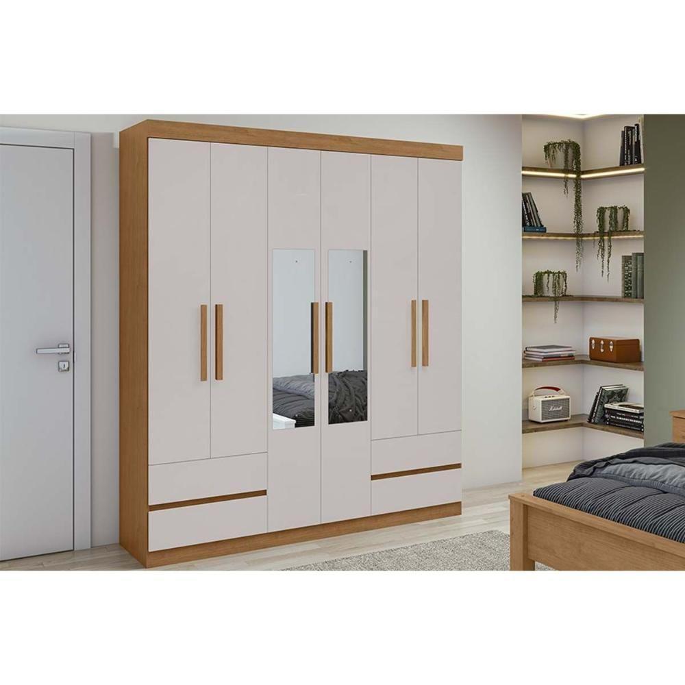 Guarda Roupa Solteiro 6 Portas (2 C- Espelho) E 4 Gavetaszeus Amêndoa-off White - Lopas - 1