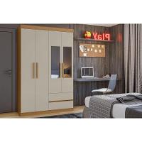 Guarda Roupa Solteiro 4 Portas E 2 Gavetas C- Espelho Zeus Amêndoa-off White - Lopas - 1