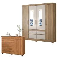 Cômoda Flora E Guarda Roupa Casal Bilbao Amêndola Off White Com Espelho - Demóbile - 1