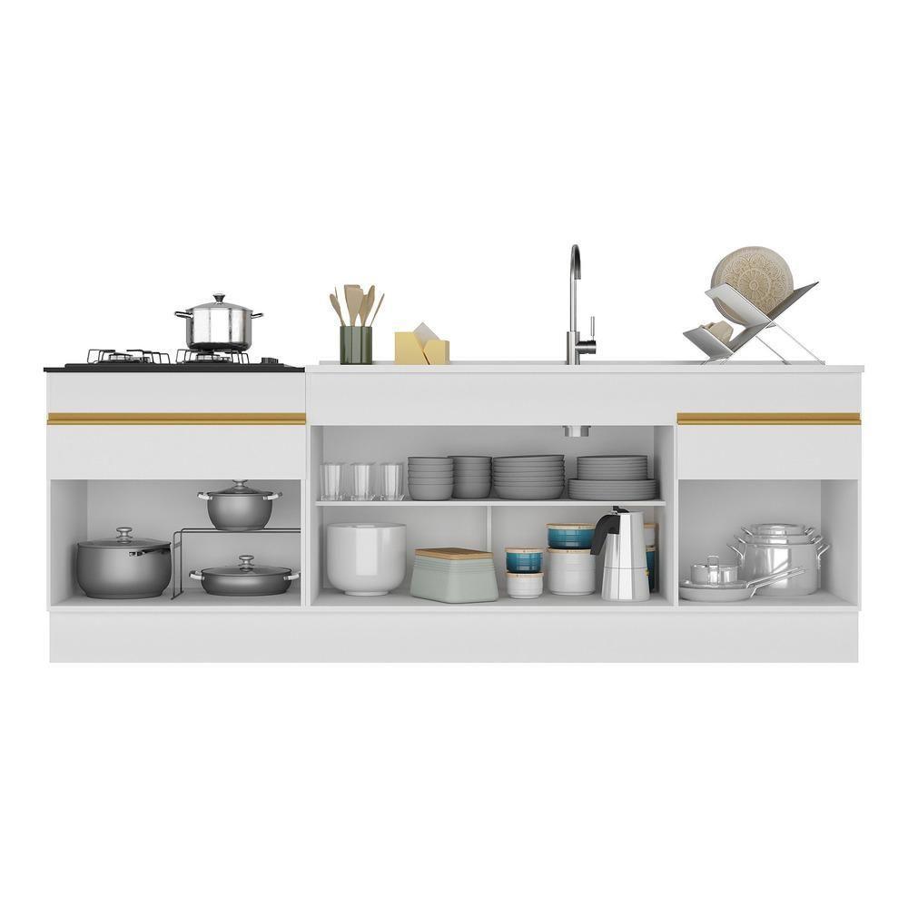 Kit Com 2 Balcões De Cozinha 150cm E 70cm Com Rodapé Veneza Multimóveis V2108 Branco/dourado Branco/dourado - 3