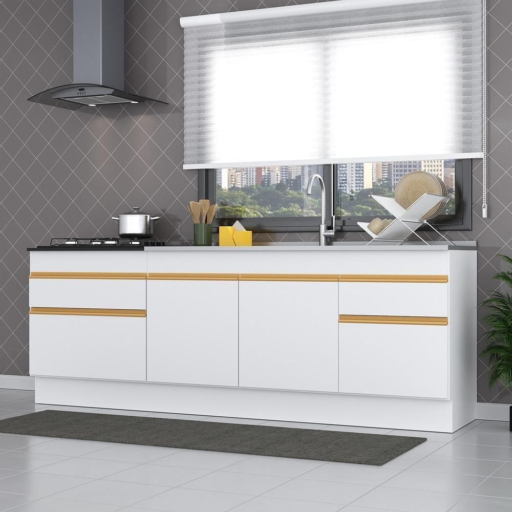 Kit Com 2 Balcões De Cozinha 150cm E 70cm Com Rodapé Veneza Multimóveis V2108 Branco/dourado Branco/dourado - 5