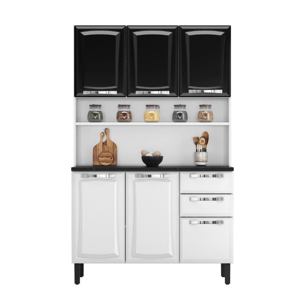 Kit De Cozinha Compacta Branco E Preto 120 Em Aço 6 Portas 2 Gavetas Pratika - 1